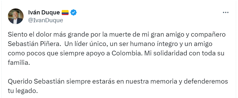 twitter ivan duque y pinera El mundo reacciona ante fallecimiento del ex presidente de Chile, Sebastián Piñera