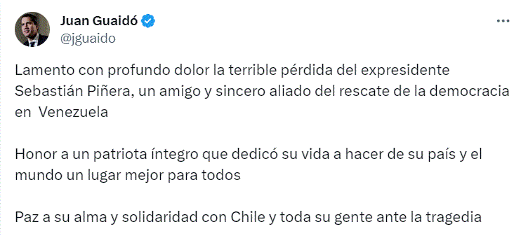 twitter juan guaido El mundo reacciona ante fallecimiento del ex presidente de Chile, Sebastián Piñera