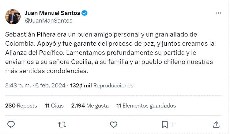 twitter juan manuel santos El mundo reacciona ante fallecimiento del ex presidente de Chile, Sebastián Piñera