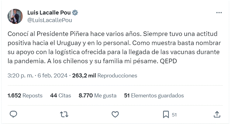 twitter luis lacalle y pinera El mundo reacciona ante fallecimiento del ex presidente de Chile, Sebastián Piñera