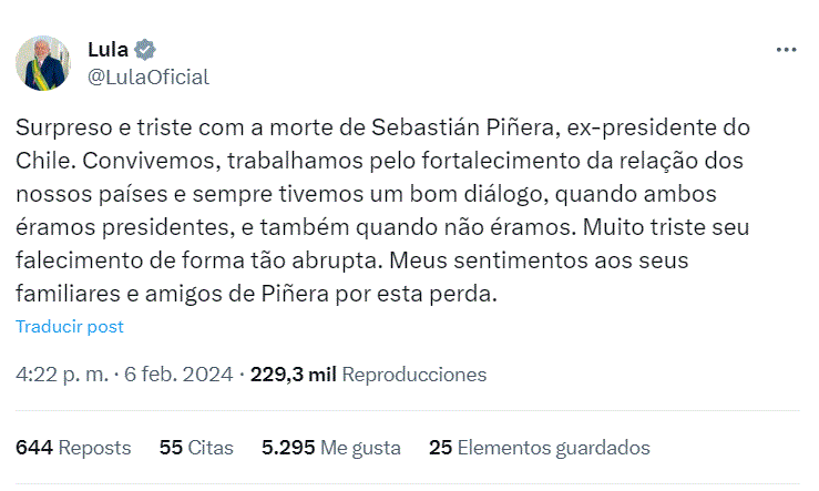 twitter lula y pinera El mundo reacciona ante fallecimiento del ex presidente de Chile, Sebastián Piñera