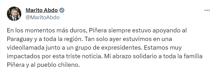 twitter marito abdo y pinra El mundo reacciona ante fallecimiento del ex presidente de Chile, Sebastián Piñera