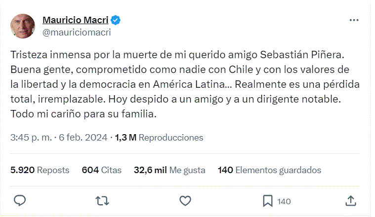 twitter mauricio macri El mundo reacciona ante fallecimiento del ex presidente de Chile, Sebastián Piñera