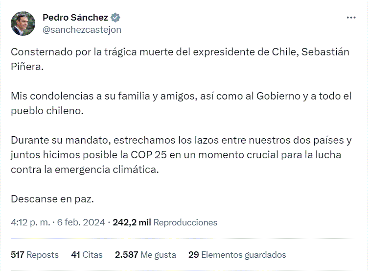 twitter pedro sanchez El mundo reacciona ante fallecimiento del ex presidente de Chile, Sebastián Piñera
