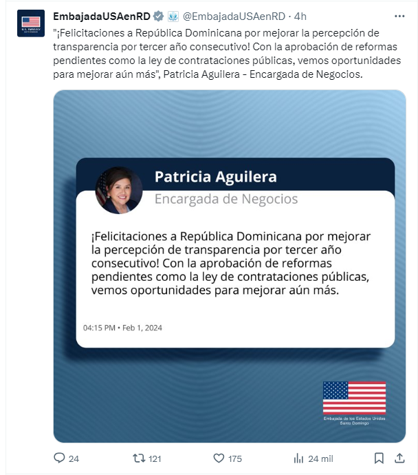 x Embajada USA Estados Unidos felicita a RD por mejorar percepción de transparencia por tercer año consecutivo