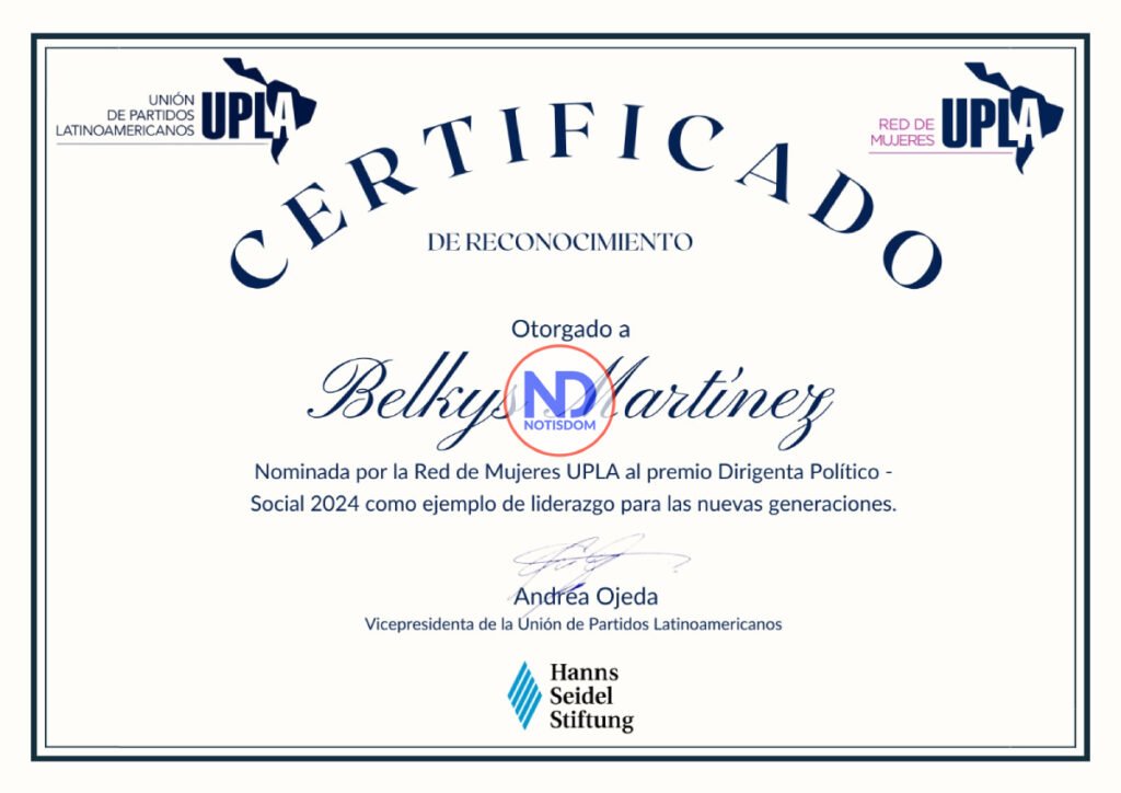 Belkys Martinez Certificado Unión de Partidos Latinoamericanos nomina a Belkys Martínez al premio Dirigenta Política-Social