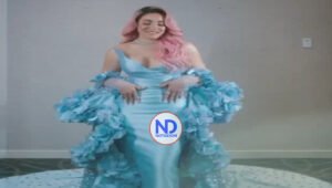 Karen Yapoort luce vestido azul y pelo rosa en Premios Soberano 2024