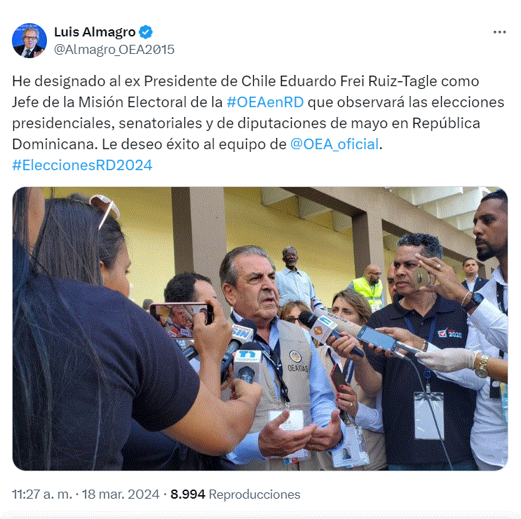 LUIS ALMAGRO 2 Designan a Eduardo Frei Ruiz como Jefe de la Misión Electoral de la OEA en RD