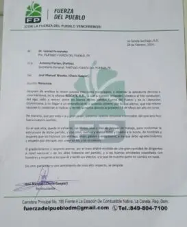 carta fp Renuncia presidente de Fuerza del Pueblo en La Canela, Santiago
