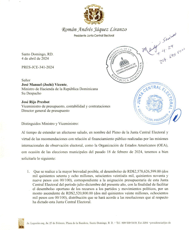 CARTA JCE 1 JCE insta a Hacienda a depositar fondos de partidos políticos