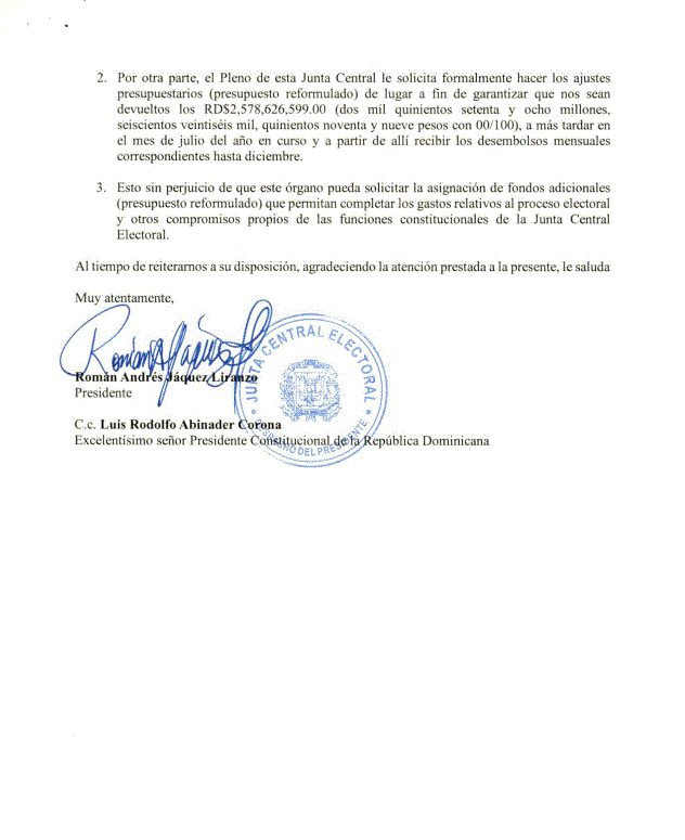 CARTA JUNTA 3 JCE insta a Hacienda a depositar fondos de partidos políticos