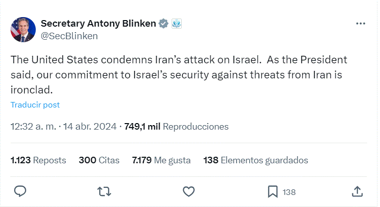 TWITTER ANTONY BLINKEN Israel afirma neutralizó «el 99%» el bombardeo lanzado por Irán
