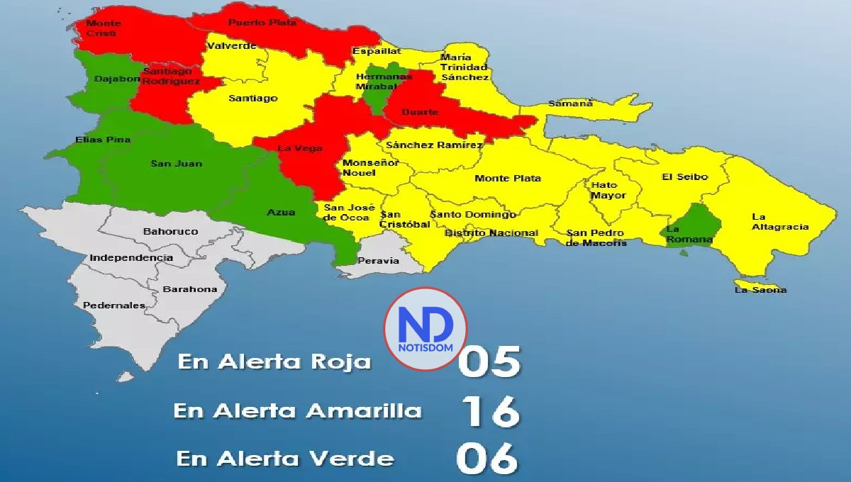 Alerta roja por vaguada para La Vega, Duarte, Montecristi, Santiago Rodríguez y Puerto Plata