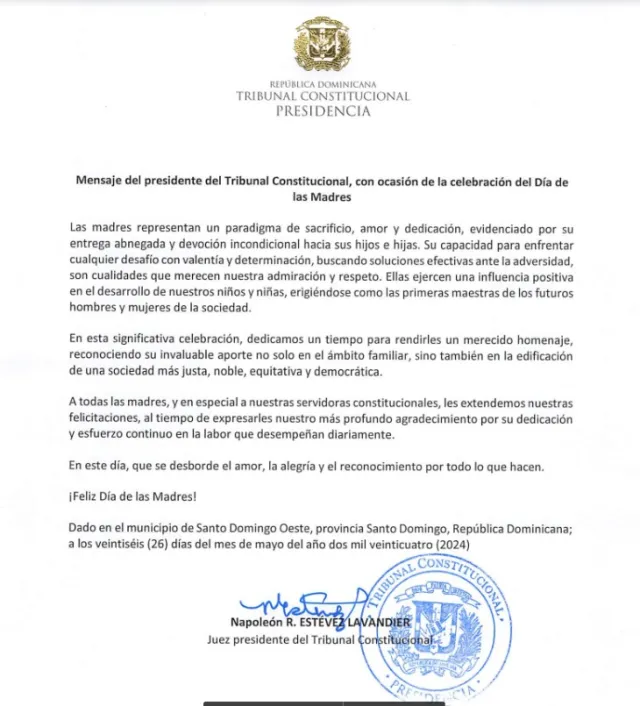 Napoleon Estevez Lavandier Carta Presidente del TC felicita a las madres en su día y les agradece por su dedicación