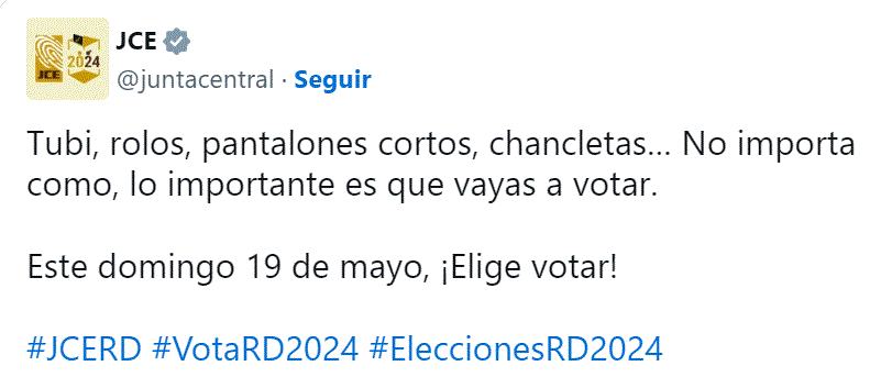 TWITTER JCE "Ve como tu quieras… Pero ve a votar", exhortación de la JCE a la ciudadanía