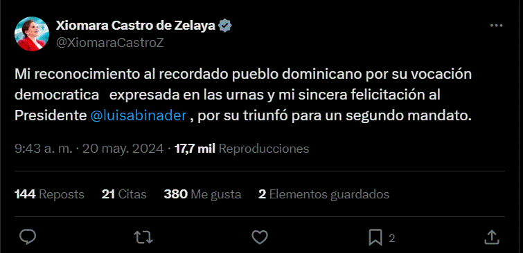 TWITTER XIOMARA CASTRO Presidenta hondureña felicita a Abinader por reelección