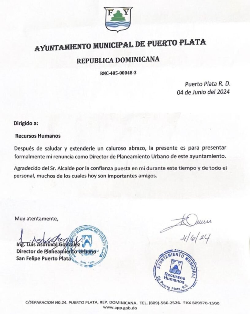 CARTA LUIS ASDRUBAR Luis Asdrúval renuncia al puesto como director de Planeamiento Urbano en Puerto Plata