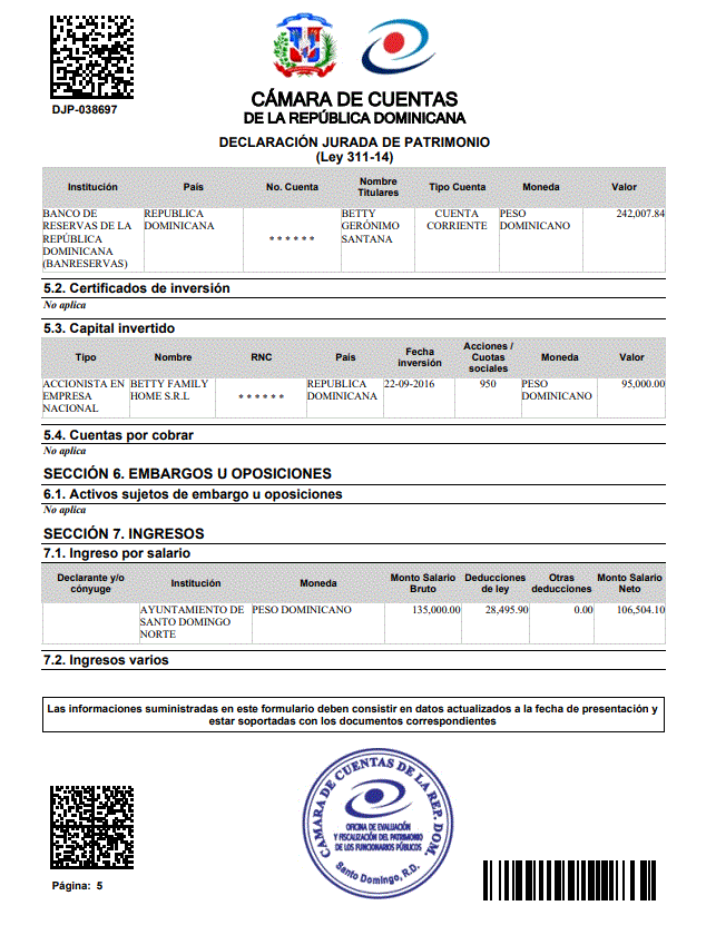 DECLARACION DE BETTY JURADA GERONIMO 6 ¿Qué tantos bienes tiene Betty Gerónimo en su declaración jurada?