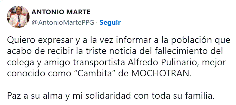 Fallece Alfredo Pulinario “Cambita”, líder transportista en el país 3 TWITTER ANTONIO MARTE 1 Fallece Alfredo Pulinario “Cambita”, líder transportista en el país