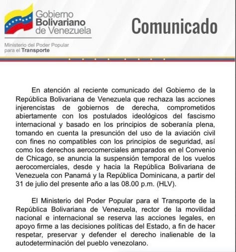 Venezuela suspende de forma temporal vuelos comerciales a Panamá y D 3 CARTA VENEZUELA Venezuela suspende de forma temporal vuelos comerciales a Panamá y D