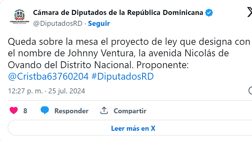 Proyecto busca cambiar nombre a la avenida Nicolás de Ovando por el de Johnny Ventura 3 Camara de diputado 8 Proyecto busca cambiar nombre a la avenida Nicolás de Ovando por el de Johnny Ventura