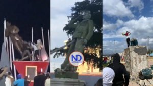 Manifestantes derriban estatuas de Hugo Chávez en Venezuela