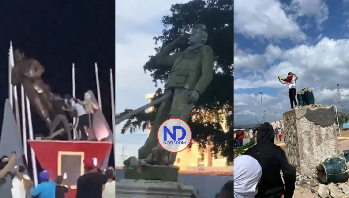 Manifestantes derriban estatuas de Hugo Chávez en Venezuela