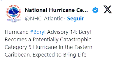 Beryl se convierte en un huracán «catastrófico» de categoría cinco 3 TWITTER BERYL Beryl se convierte en un huracán «catastrófico» de categoría cinco