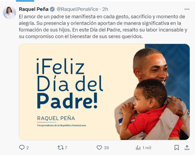 TWITTER RAQUEL PENA FELIZ DIA DEL PADRE Vicepresidenta Raquel Peña resalta el rol fundamental de los padres en su día