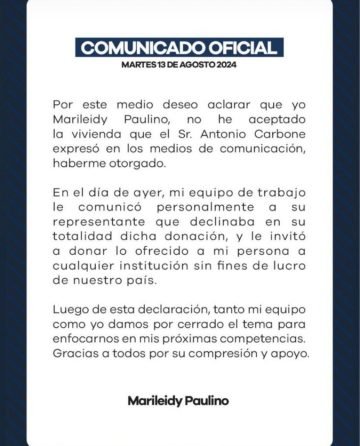 COMUNICADO DE MARILEIDY Marileidy: «No he recibido ni recibiré casa de parte Carbone»