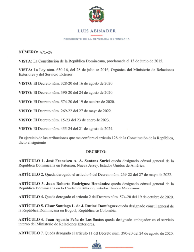 DECRETO 5 1 Abinader realiza nombramientos en el servicio exterior dominicano