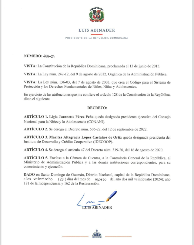 Ligia Pérez es la nueva presidenta ejecutiva de CONANI y Maritza López del IDECOOP 4 decreto de Ligia Perez y Maritza Lopez Ligia Pérez es la nueva presidenta ejecutiva de CONANI y Maritza López del IDECOOP