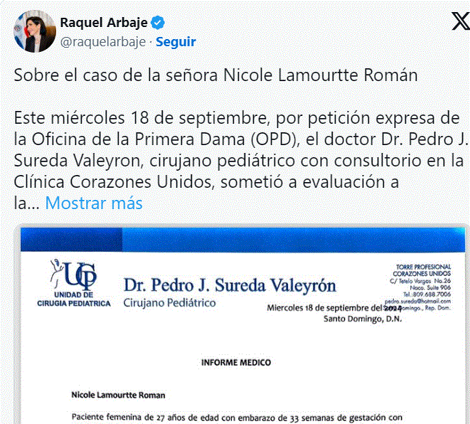 TWITTER RAQUEL A Primera Dama informa cirugía para salvar criatura de Lamourtte Román puede hacerse en el país