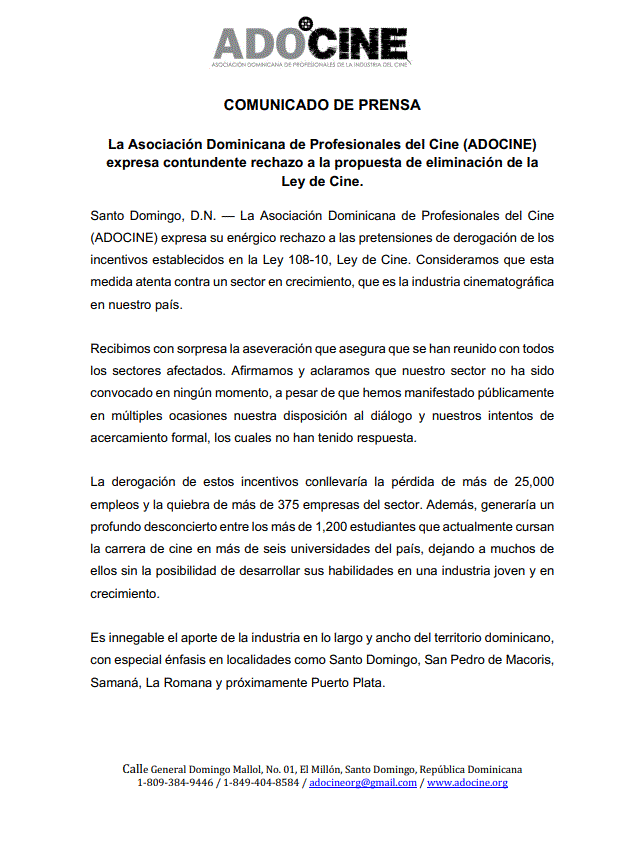 ADOCINE 2 ADOCINE rechaza propuesta de eliminar incentivos de la Ley de cine
