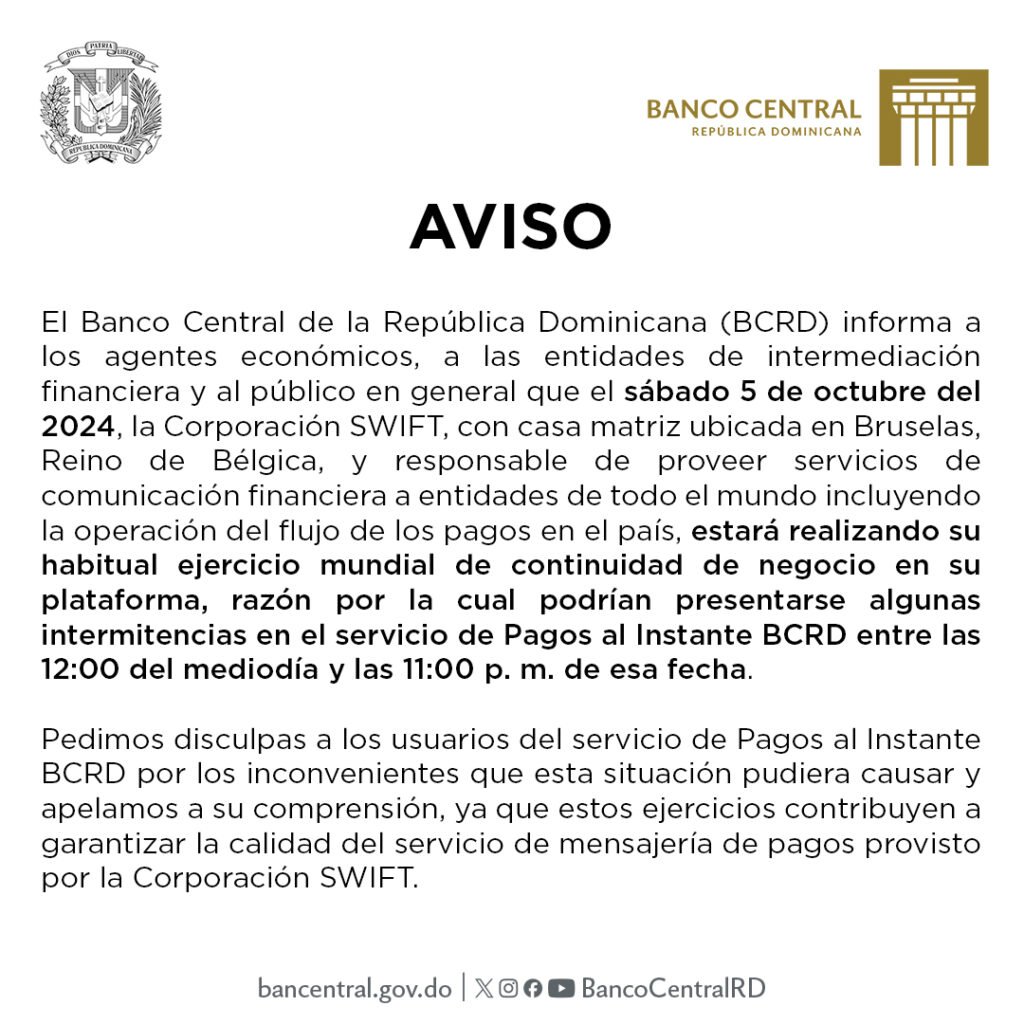 AVISO BC BCRD anuncia intermitencias en servicio de Pagos al Instante este sábado 5
