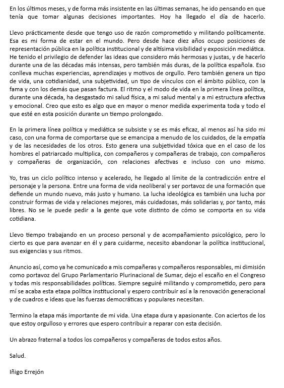 CARTA Inigo Errejon Político español abandona el Congreso por adicción al sexo