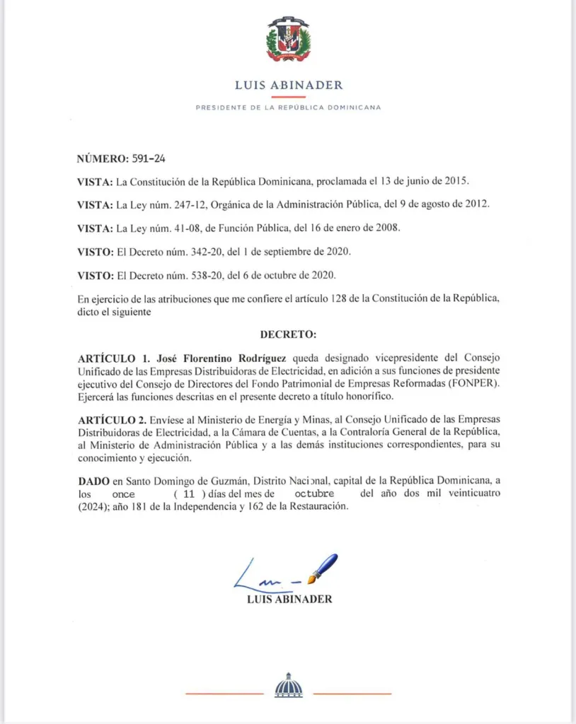 Decreto 591 24 Abinader designa a José Florentino Rodríguez vicepresidente del Consejo Unificado de las EDES