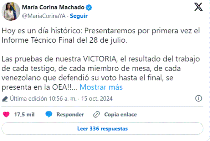 TWITTER MARIA CHADO Oposición venezolana presentó a OEA pruebas «fraude electoral»