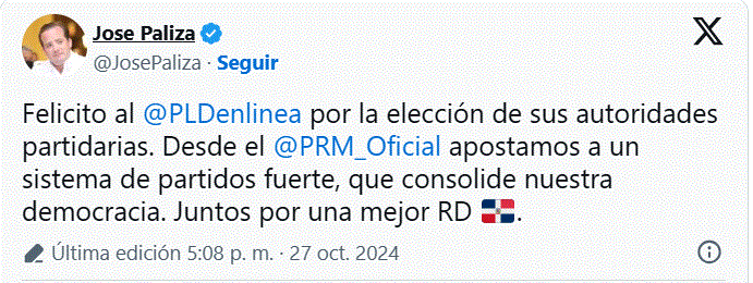 TWITTER PALIZA El PRM felicita al PLD por consolidar la democracia con sus elecciones internas