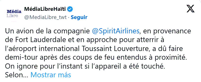 MEDIALIALIBRE HAITI Vuelo de Spirit Airlines con destino a Haití se ve obligado a desviarse a RD por tiroteo