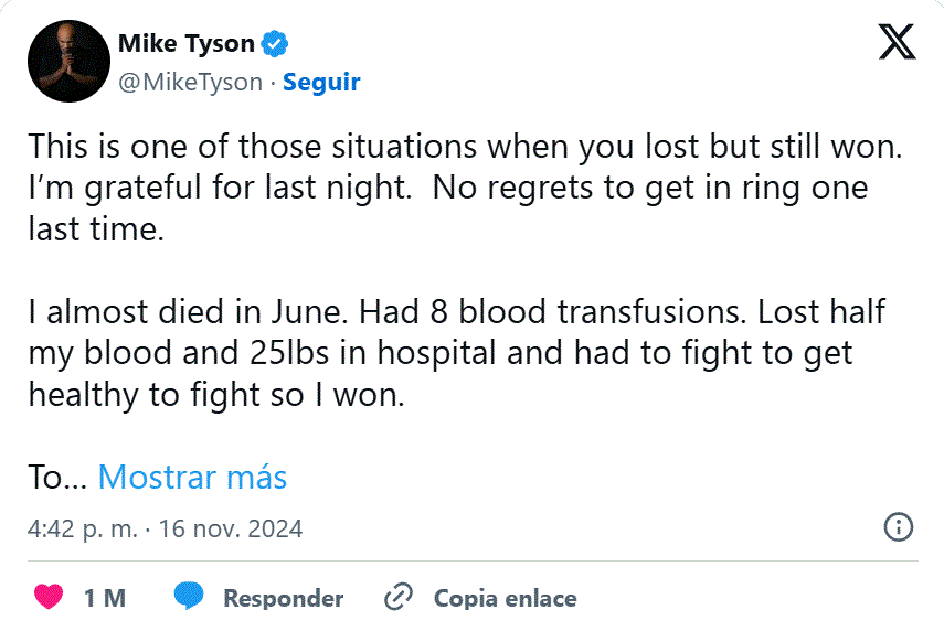 TWITTER MIKE TYSON Tyson reveló que meses atrás estuvo a punto de morir