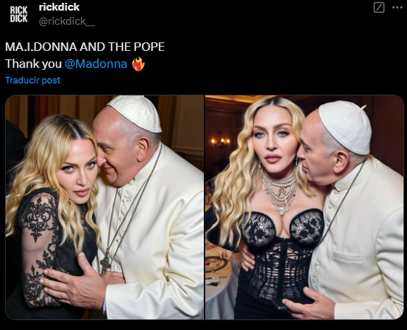 MADONNA TWITTER Madonna genera polémica al publicar imágenes creadas por IA abrazando al Papa Francisco