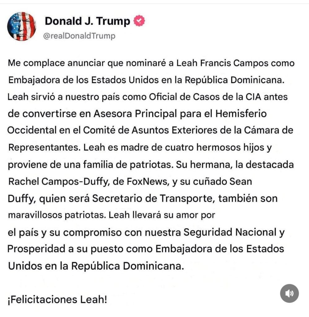 Trump nomina Leah Francis Campos embajadora de Estados Unidos en RD 3 TWITTER DONALD TRUMP Trump nomina Leah Francis Campos embajadora de Estados Unidos en RD