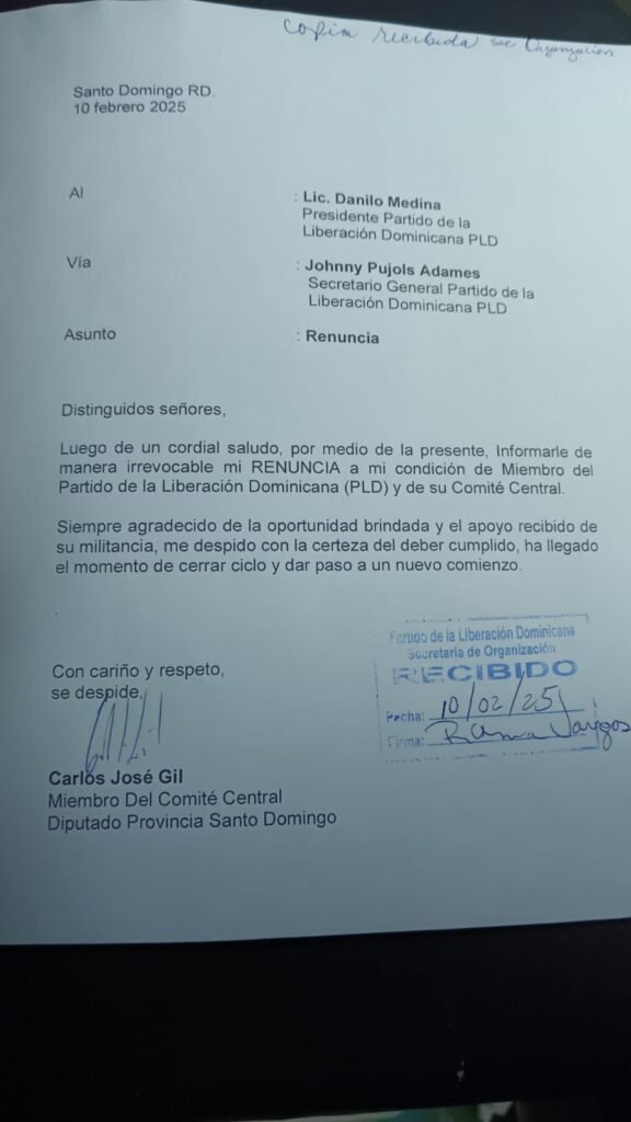 Carlos Gil CARTA Diputado Carlos Gil renuncia al PLD
