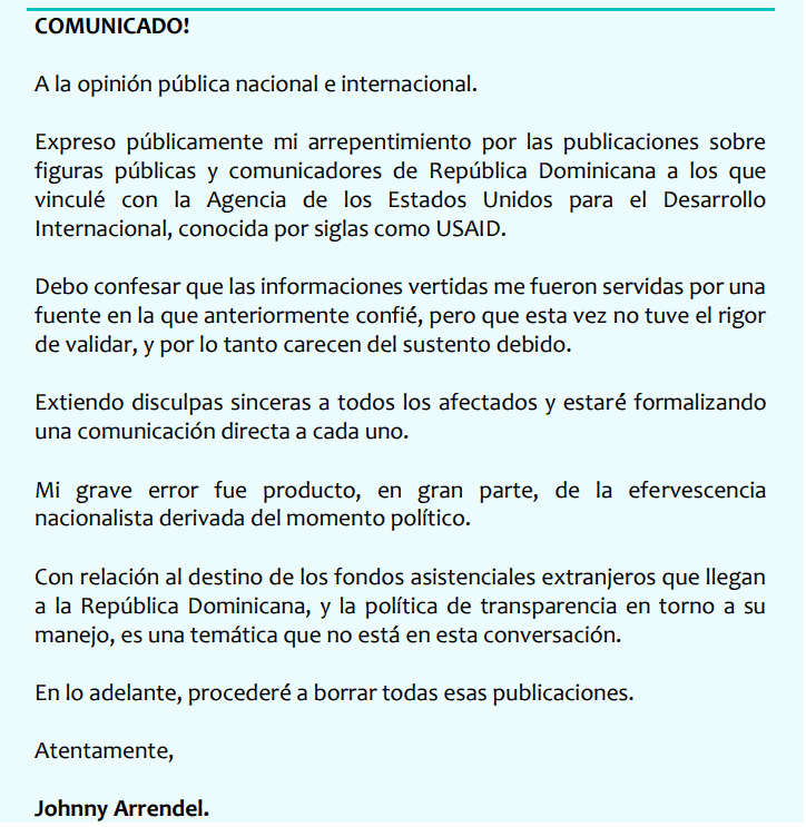 Johnny Arrendel CARTA Individuo que inició campaña contra Lora, Zapete y Salazar se retracta