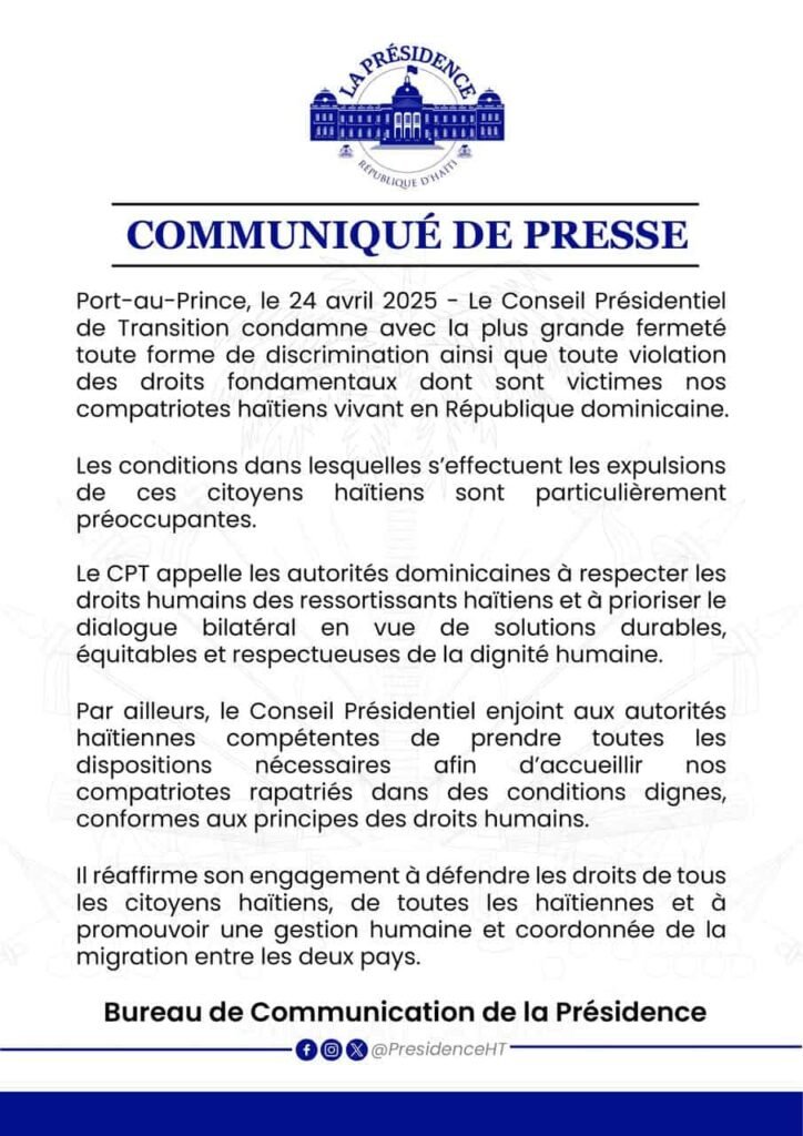 COMUNIQUE DE PRESSE Gobierno de Haiti acusa RD de cometer «actos discriminación»