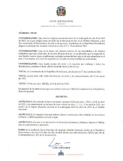 DECRETO DE DUELO Presidente Abinader extiende tres días más el duelo por la tragedia en Jet Set