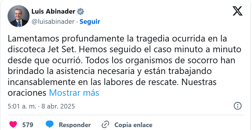 TWITTER ABINADER 26 Abinader lamenta tragedia en discoteca Jet Set