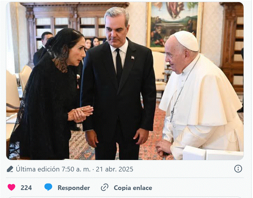 TWITTER RAQUEL A ABNADER Y PAPA F. 1 Primera dama y vicepresidenta Raquel Peña lamentan fallecimiento del papa Francisco