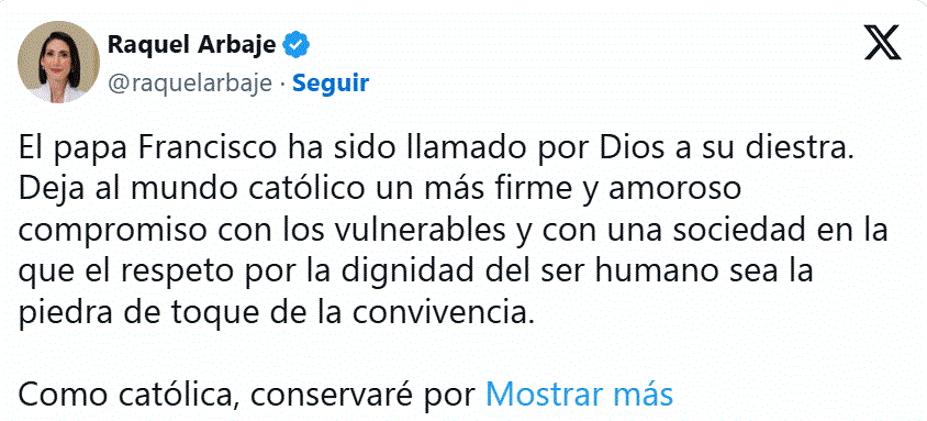 TWITTER RAQUEL A ABNADER Y PAPA F Primera dama y vicepresidenta Raquel Peña lamentan fallecimiento del papa Francisco